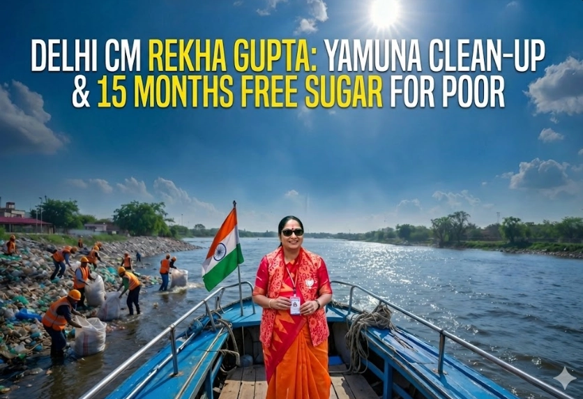दिल्ली सीएम रेखा गुप्ता: यमुना सफाई अभियान का निरीक्षण और गरीबों को 15 महीने मुफ्त चीनी का ऐतिहासिक तोहफा